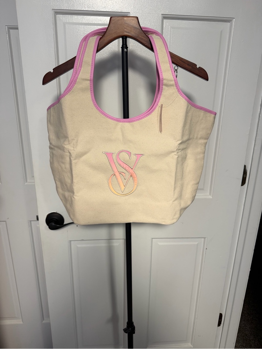 Victoria's Secret Cream Canvas Tote with Pink Trim and Ombre Logo